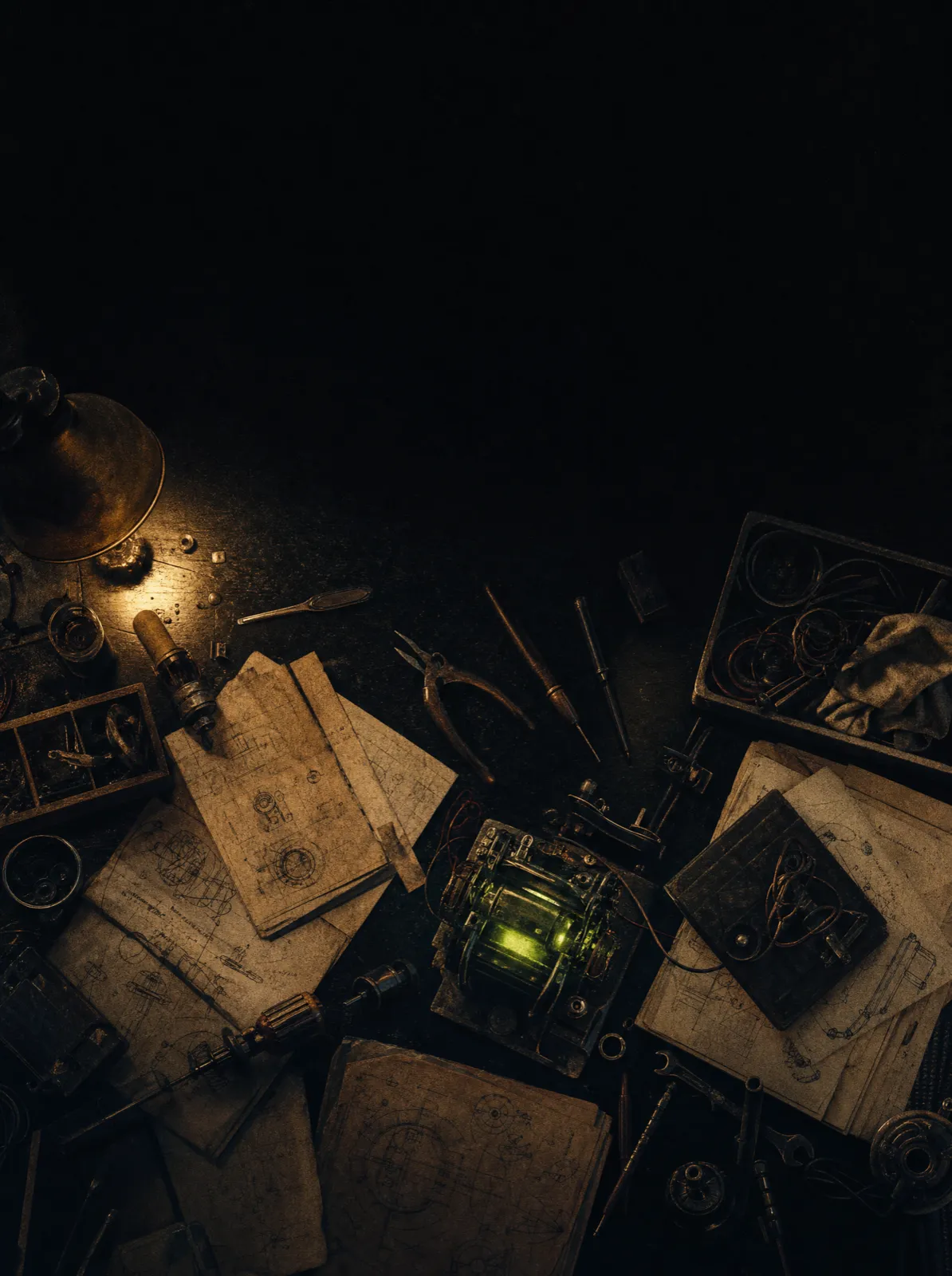 Overhead view of a tinkerer's atelier: tools, schematics, and a half-assembled machine with a lime glow