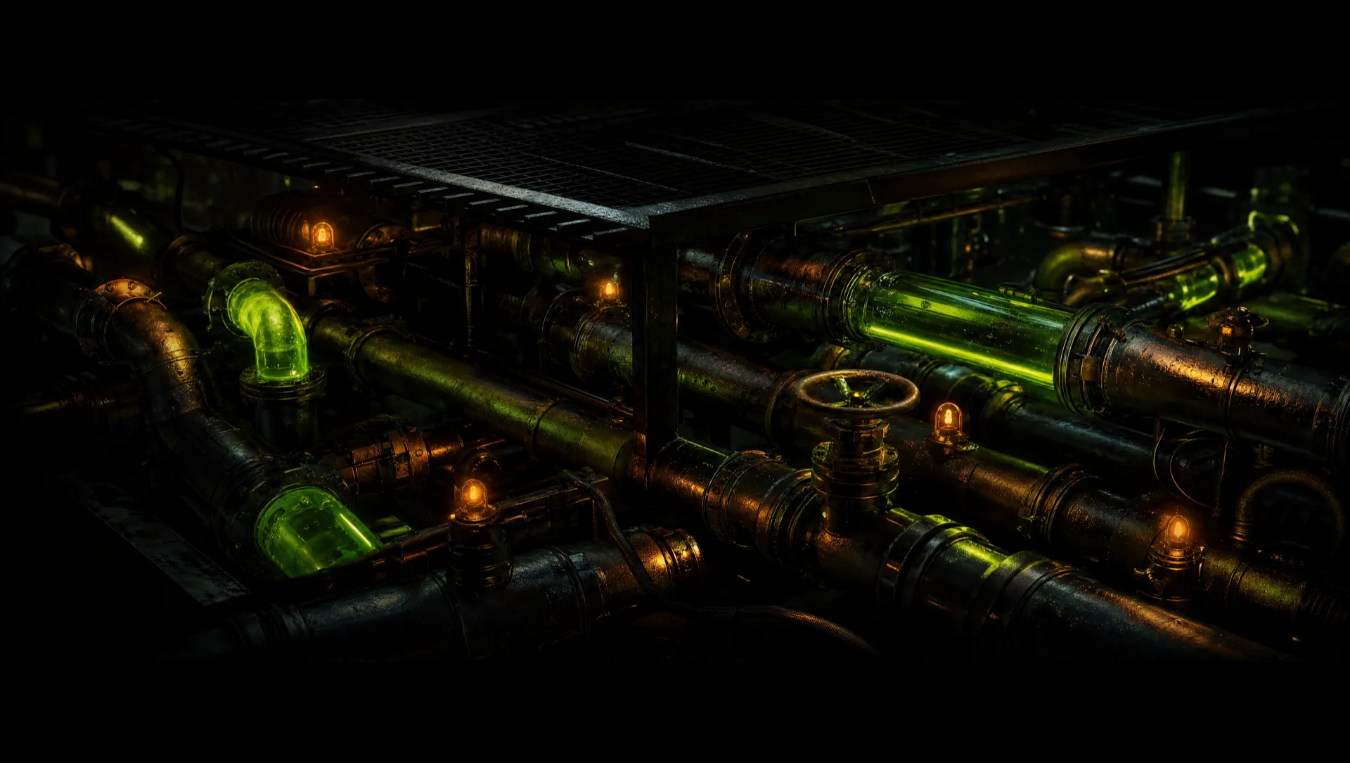 Industrial pipes and valves beneath a dark floor grate, lime-green fluid glowing through them and warm amber pilot lights.