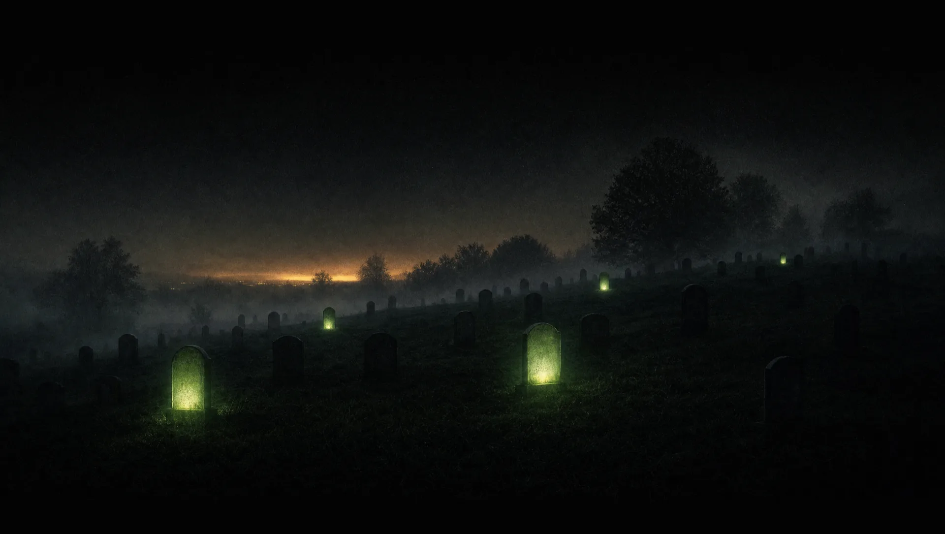 A foggy graveyard at night, most headstones dim, a few glowing softly lime-green, an amber city glow on the horizon.