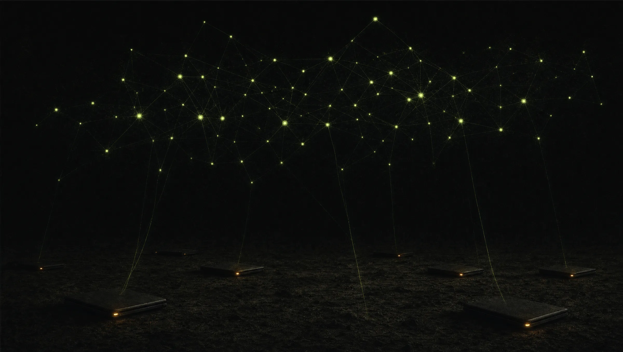 A glowing lime knowledge graph floating above a dark horizon like a constellation, thin threads reaching down to several small sleeping computers below.
