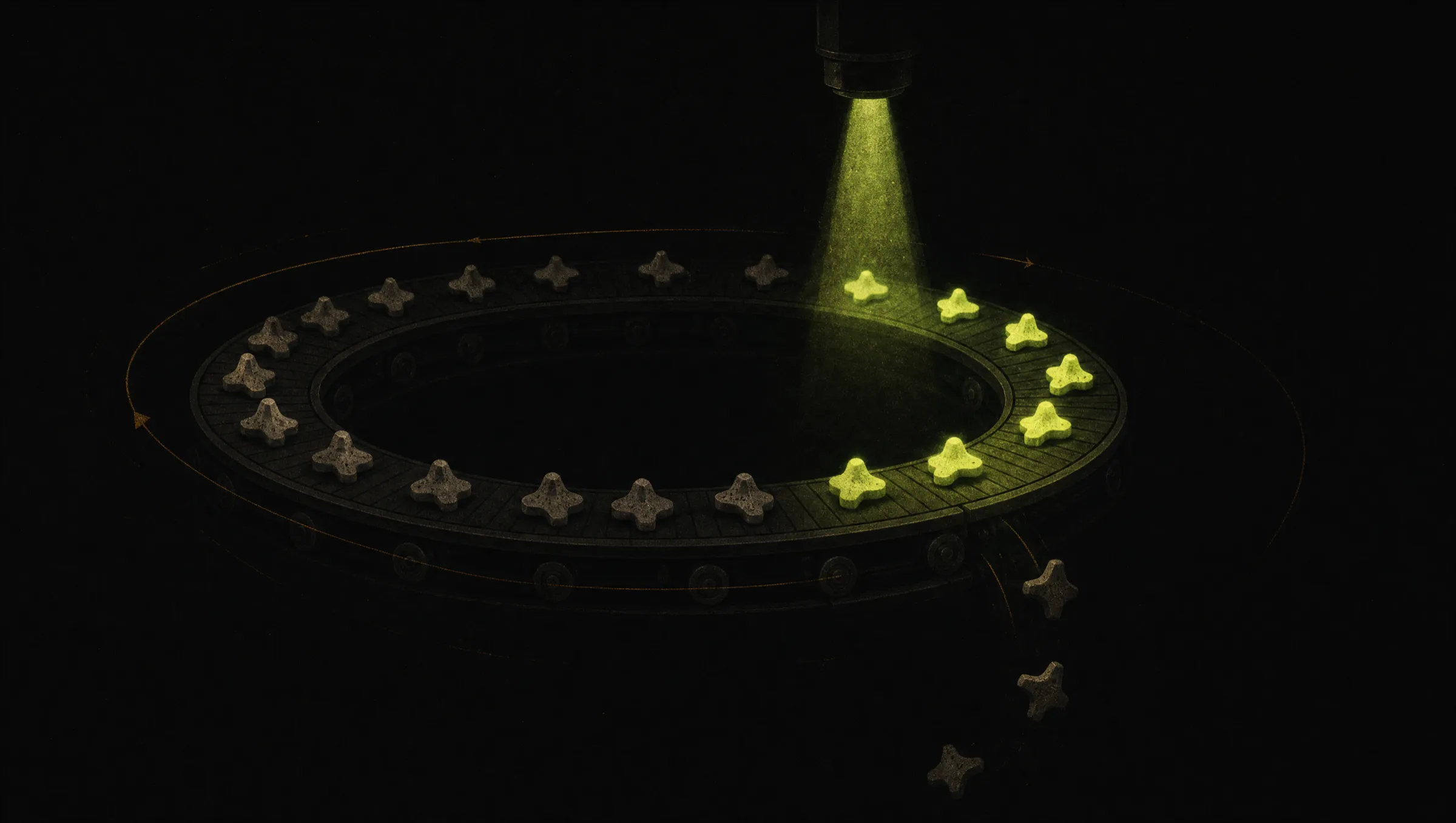 A dark conveyor ring of small identical forms passing under a single narrow lime beam of judging light. A few glow brighter and continue, the rest fall away into shadow.